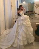 Niulatu A Line Strapless White Long Wedding Gown Elegant Layered Ruffles Prom Evening Dress HZ1007