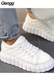 Niulatu Women Autumn Pu Leather Sneakers Sewing Lace-Up Platform Flats Vulcanized Shoes Thick Sole Brief Casual White Black Canvas Shoes DJSE