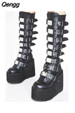 Niulatu 43 Design Platform Thick Heel Mid Calf Boots Women Punk Cool Gothic Black Buckle Shoes Woman High Boots Women's Boots DJSE