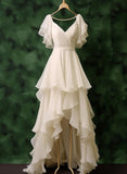 Niulatu A Line V Neck White Ruffle Chiffon Prom Dress Party Dress HZ0113