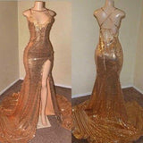 Niulatu Gold Sequin Spaghetti-Straps Slit Prom Dresses HZ0113