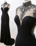 Niulatu High Neck Beaded Jersey Black Formal Evening prom Gown with Slit HZ0113