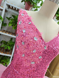 Niulatu V Neck Pink Short Homecoming Dress and Bottom Tulle Ruffles Pink Birthday Outfit Dress HZ1007