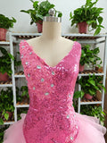 Niulatu V Neck Pink Short Homecoming Dress and Bottom Tulle Ruffles Pink Birthday Outfit Dress HZ1007