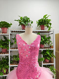 Niulatu V Neck Pink Short Homecoming Dress and Bottom Tulle Ruffles Pink Birthday Outfit Dress HZ1007