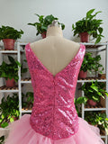 Niulatu V Neck Pink Short Homecoming Dress and Bottom Tulle Ruffles Pink Birthday Outfit Dress HZ1007