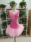 Niulatu V Neck Pink Short Homecoming Dress and Bottom Tulle Ruffles Pink Birthday Outfit Dress HZ1007