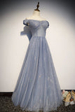 Niulatu Blue Tulle Beaded Long A Line Off Shoulder Prom Dress, Evening Dress HZ0113