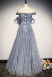 Niulatu Blue Tulle Beaded Long A Line Off Shoulder Prom Dress, Evening Dress HZ0113
