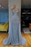 Niulatu Mermaid Strapless Sequin Light Sky Blue Long Prom Dresses Evening Dress HZ1110