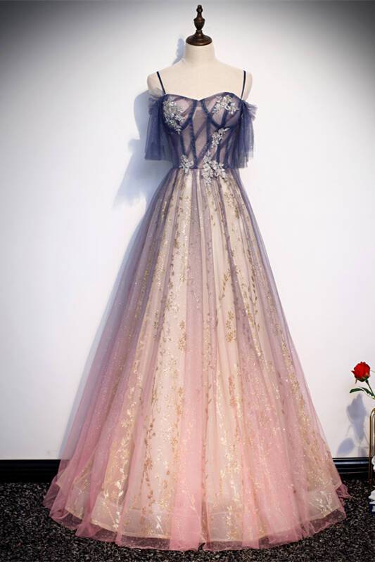 Straps Pink and Navy Blue Ombre Long Party HZ0308