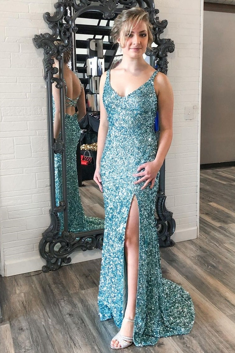 Light Blue Sequin Mermaid Long Prom Dress with HZ0308