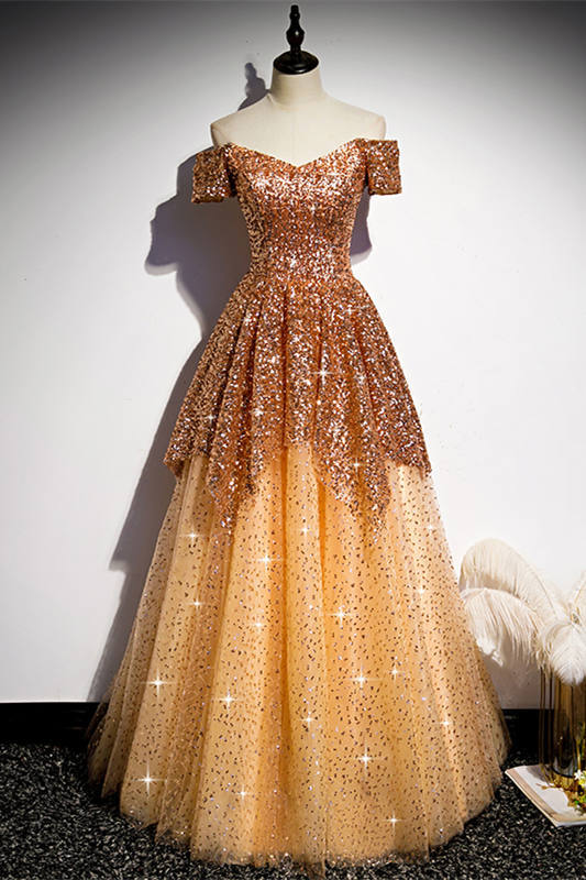 Off the Shoulder Gold Long Prom HZ0308