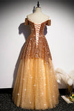 Off the Shoulder Gold Long Prom HZ0308