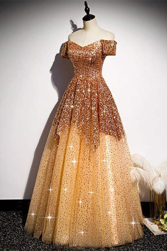 Off the Shoulder Gold Long Prom HZ0308