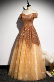 Off the Shoulder Gold Long Prom HZ0308
