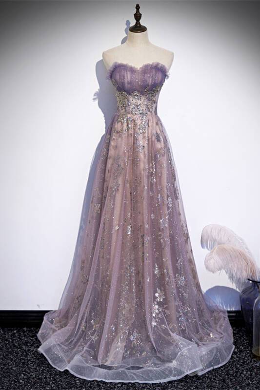 Strapless Purple A-line Long Prom HZ0308
