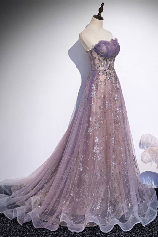 Strapless Purple A-line Long Prom HZ0308