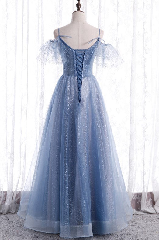 Blue A-line Long Formal Dress with Spaghetti HZ0308