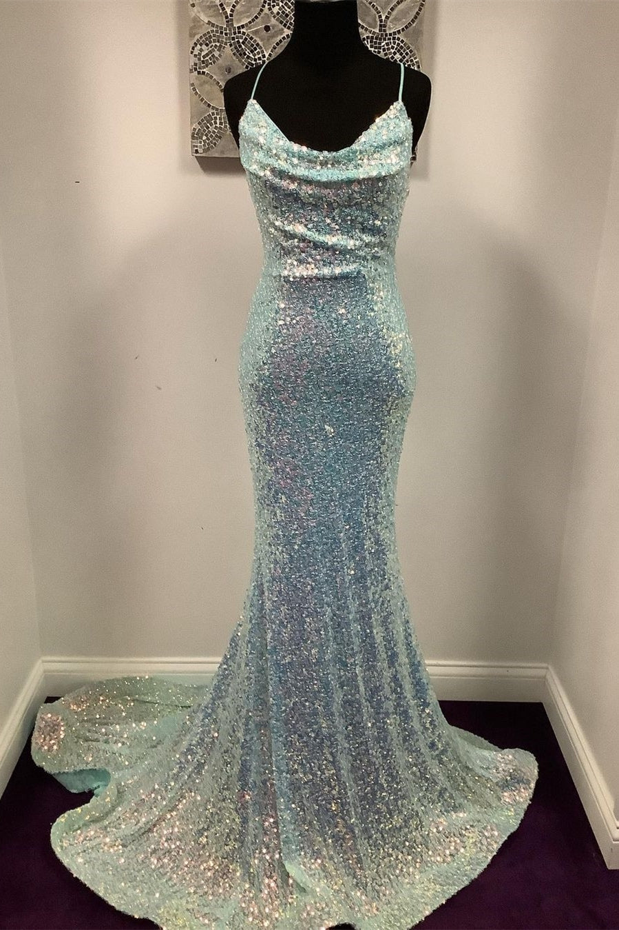Mermaid Light Blue Sequin Long Prom Dress with Cowl HZ0308