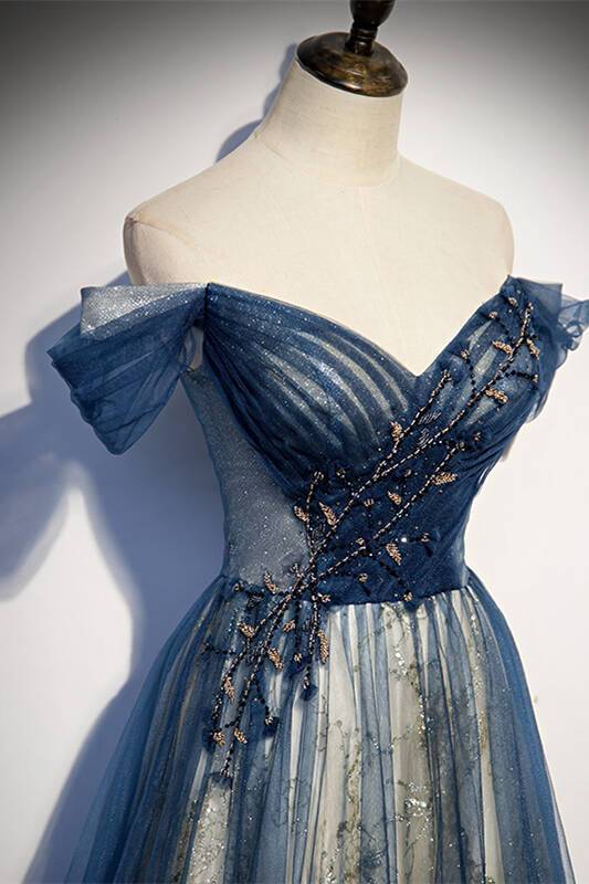 Off the Shoulder Navy Blue Tulle Formal HZ0308