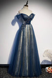 Off the Shoulder Navy Blue Tulle Formal HZ0308