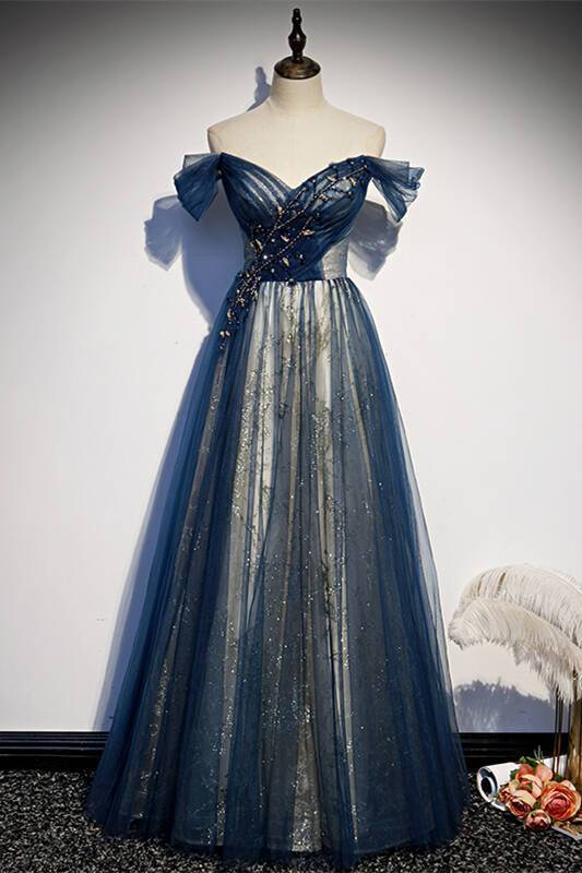 Off the Shoulder Navy Blue Tulle Formal HZ0308