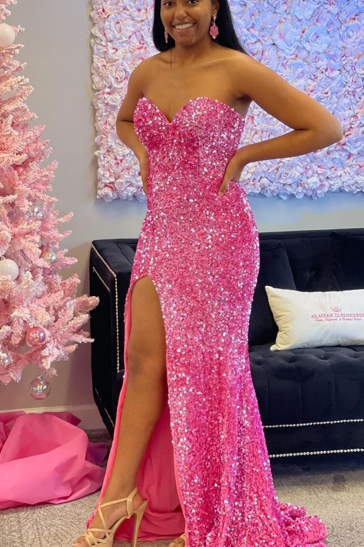 Sparkle Hot Pink Sequin Mermaid Sweetheart Long Prom HZ0308