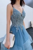 A-line Blue Lace Appliques Long Prom HZ0308