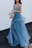 A-line Blue Lace Appliques Long Prom HZ0308