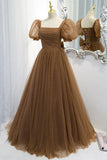 Sweet Brown A-line Tulle Polk Dots Long Formal HZ0308