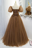 Sweet Brown A-line Tulle Polk Dots Long Formal HZ0308