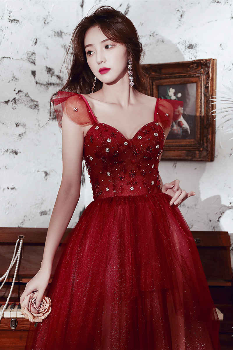A-line Wine Red Tulle Long Party HZ0308