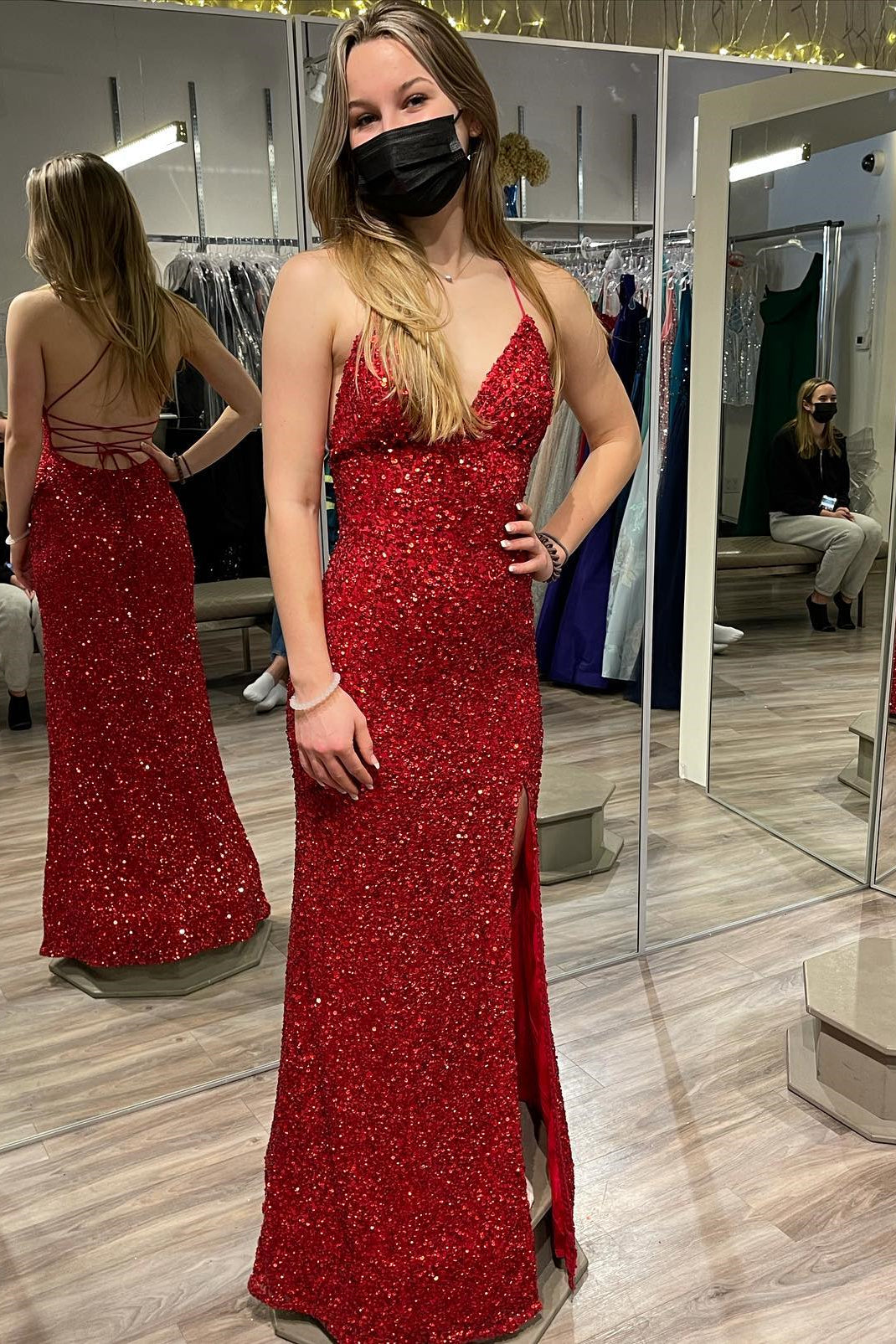 Straps Red Sequin V Neck Mermaid Long Formal HZ0308