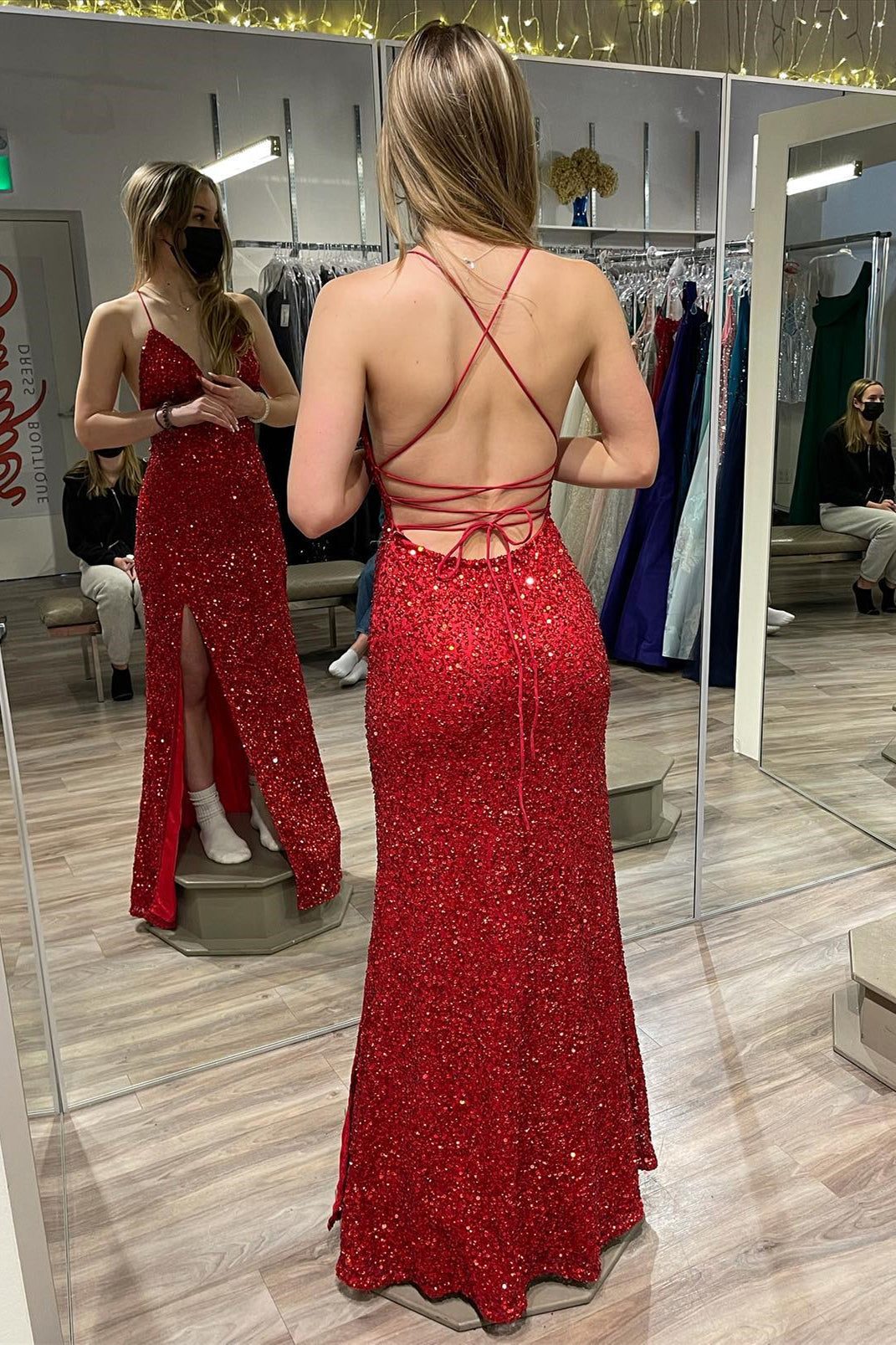 Straps Red Sequin V Neck Mermaid Long Formal HZ0308