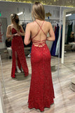 Straps Red Sequin V Neck Mermaid Long Formal HZ0308