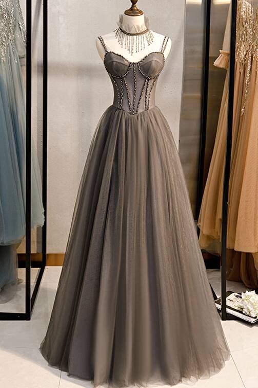 Double Straps Grey A-line Long Prom HZ0308
