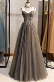 Double Straps Grey A-line Long Prom HZ0308