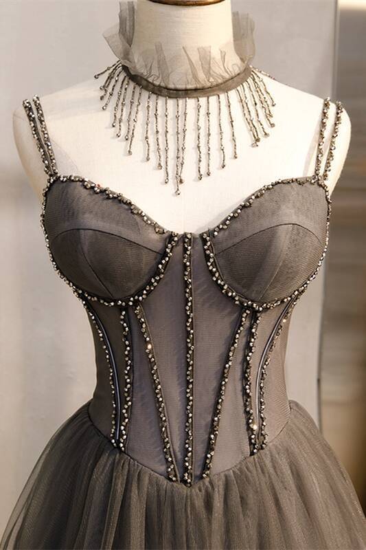 Double Straps Grey A-line Long Prom HZ0308