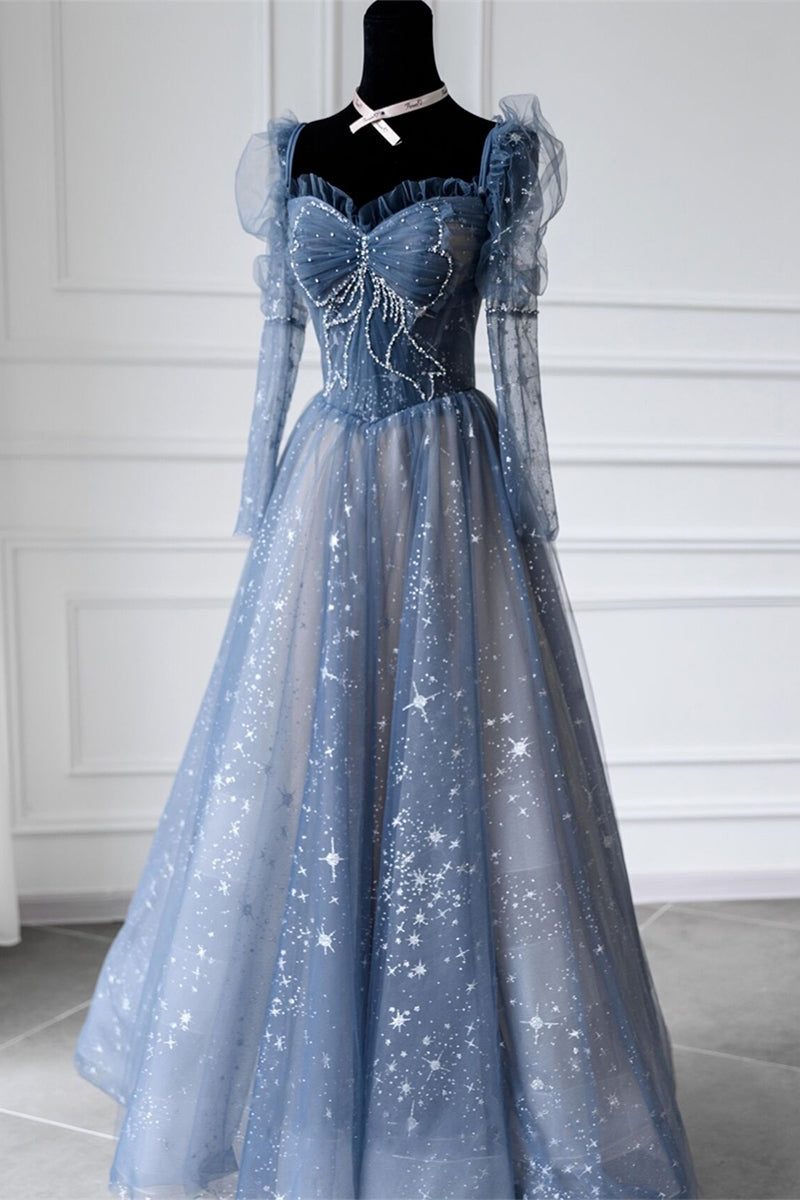 Long Sleeves Blue Beaded Tulle Long Prom HZ0308