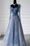 Long Sleeves Blue Beaded Tulle Long Prom HZ0308