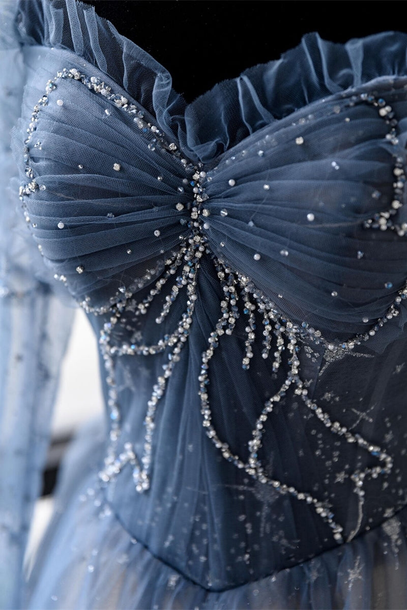 Long Sleeves Blue Beaded Tulle Long Prom HZ0308