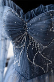 Long Sleeves Blue Beaded Tulle Long Prom HZ0308
