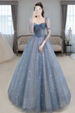 Long Sleeves Blue Beaded Tulle Long Prom HZ0308
