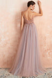 Misty Blue A-line Beaded Long Formal Dress with Side HZ0308