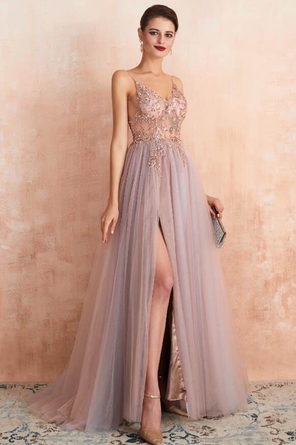 Misty Blue A-line Beaded Long Formal Dress with Side HZ0308
