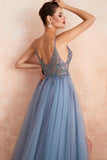 Misty Blue A-line Beaded Long Formal Dress with Side HZ0308