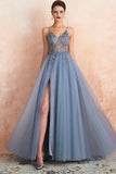 Misty Blue A-line Beaded Long Formal Dress with Side HZ0308