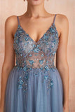 Misty Blue A-line Beaded Long Formal Dress with Side HZ0308