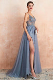 Misty Blue A-line Beaded Long Formal Dress with Side HZ0308